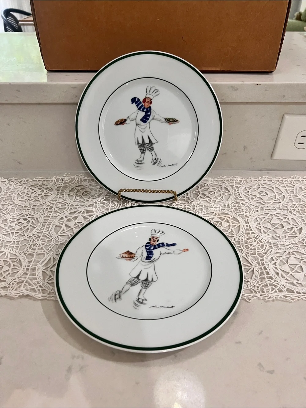 Skating Chefs by Guy Buffet with blue scarf Set of 2